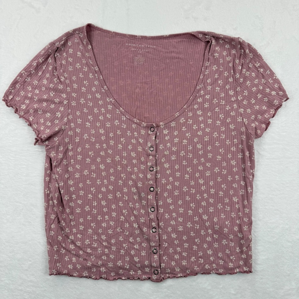 American Eagle Soft Sexy Rib Floral Button Up Crop Top Women's L/G Pink